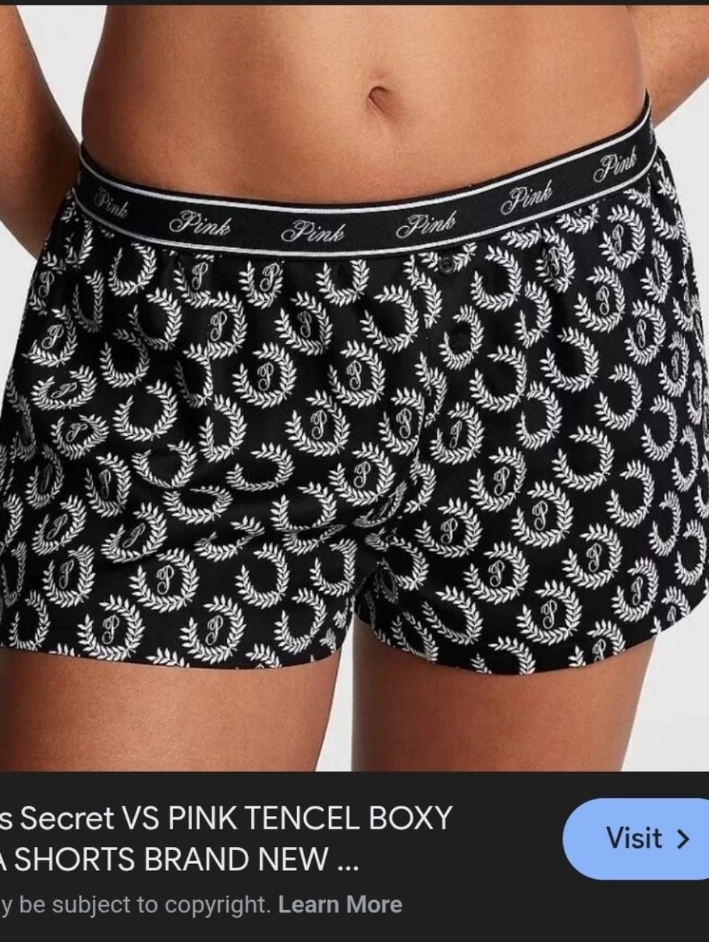 PINK Victoria's Secret Black Boxer Shorts with White Laurel Print
